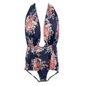 Cocoship Plus‎ Size 3X Swimsuit Floral Plunge One Piece Open Back Halter 1003